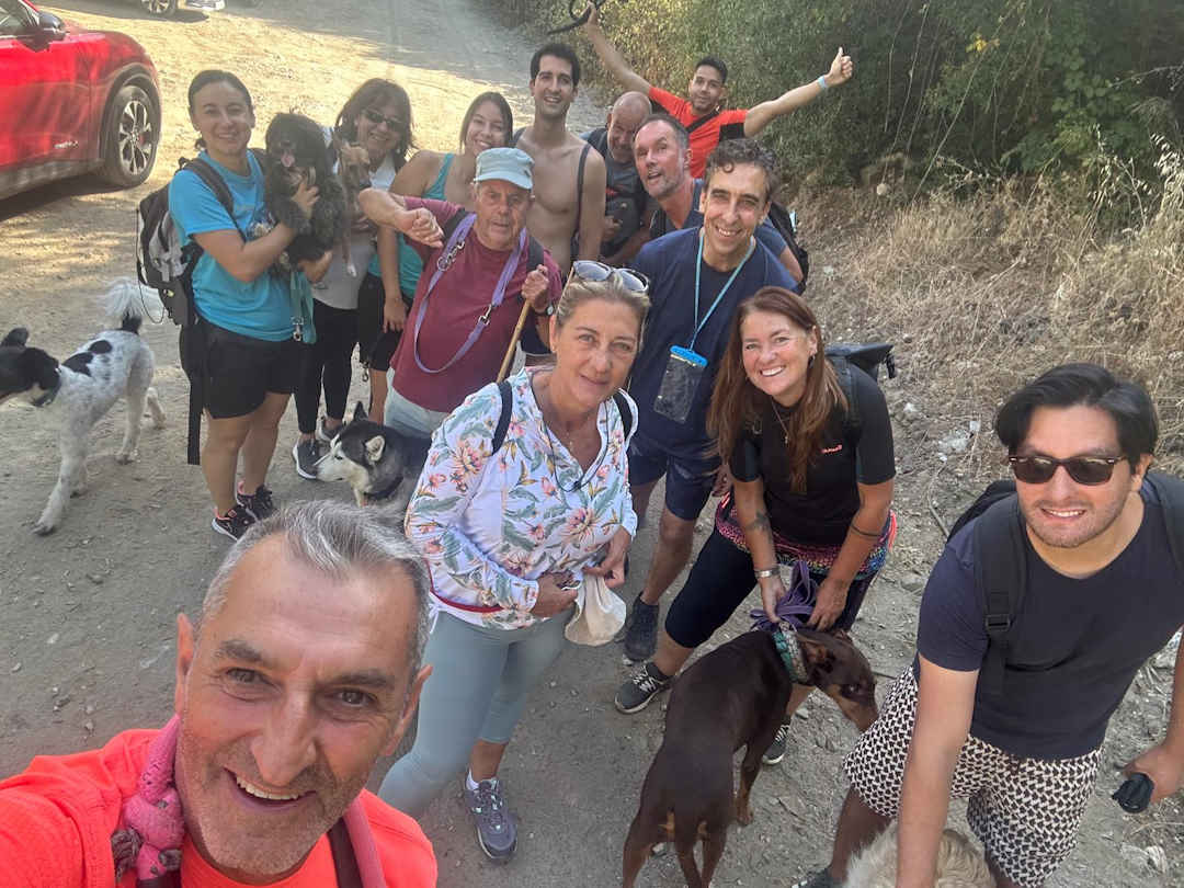 Grupo de senderismo canino con perros durante la ruta por Río Verde en Istán